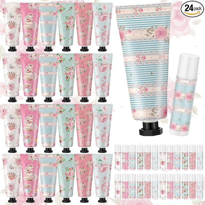 24 Sets Tea Party Favors Mini Hand Cream Lip Balm Bulk Gift Set for Women Wedding Party Favors for Guests Travel Size Hand Lotion Vintage Floral Moisturizing Lip Balm Gifts for Baby Shower