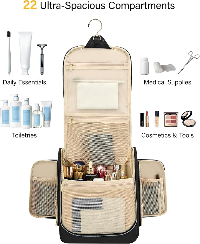 Hanke Hanging Travel Toiletry Bag for Men and Women, Water-Resistant Toiletries Bag Makeup Organizer with Hook, Cosmetic Bag for Bathroom & Travel Essentials Accessories, Black