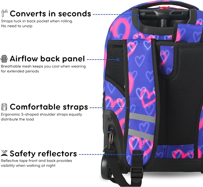J World Sunrise Kids Rolling Backpack for Girls Boys. Roller Bookbag With Wheels For School, Heart Spray