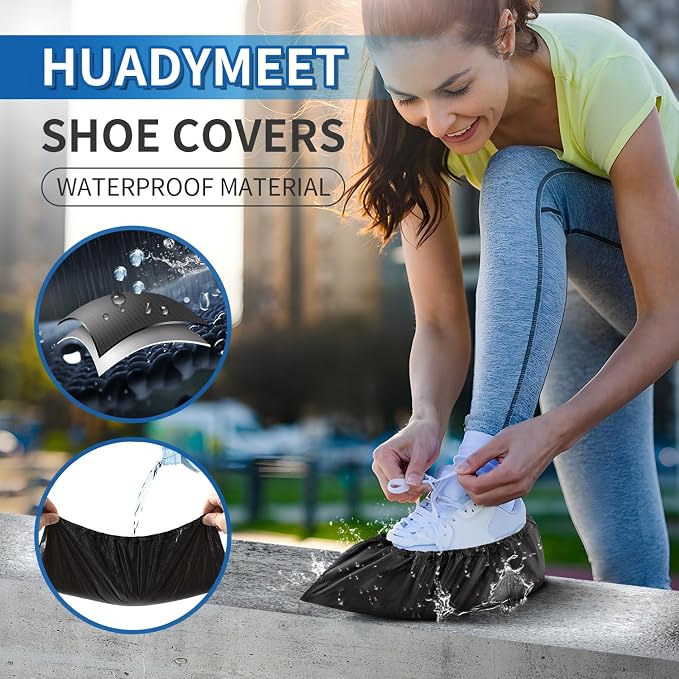 HUADYMEET Shoe Covers Disposable Non Slip For Indoors 100Pack(50 Pairs) Waterproof Shoes Protector Cover Durable Boot Booties Covers Fits up to size 11 US Men and 13 US Women,Large,Black