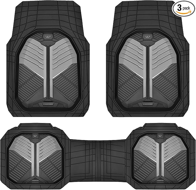 CAR PASS Heavy Duty Rubber Car Mats, Deep-Dish Car Floor Mats All Weather, Universal Two-Tone Trim-to-Fit for SUVs Trucks Sedans, Waterproof Anti-Slip, 3 Pieces V12 Black and Metallic Gray
