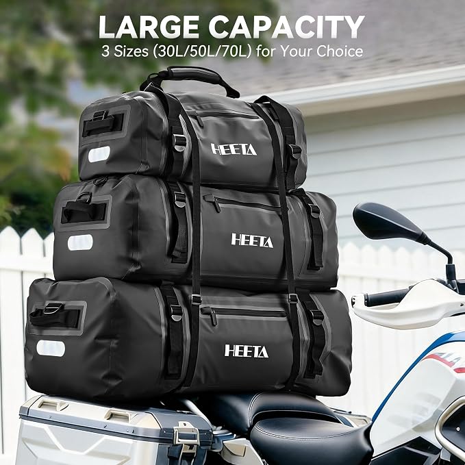 HEETA Waterproof Motorcycle Dry Bag, Waterproof Duffel Luggage Travel Bags with Zippered Closure & Pocket, Shoulder Straps, Large Space for Motorcycling Camping Commuting Boating (Black, 70L)