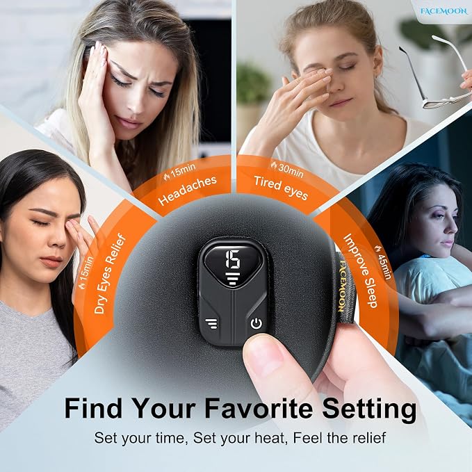 FACEMOON Heated Eye Mask for Dry Eyes: Electric Warm Compress for Blepharitis Stye Tired Eyes - Cordless Heat Relief Heating - Stable Temp 1500 Mah Rechargeable Washable Black