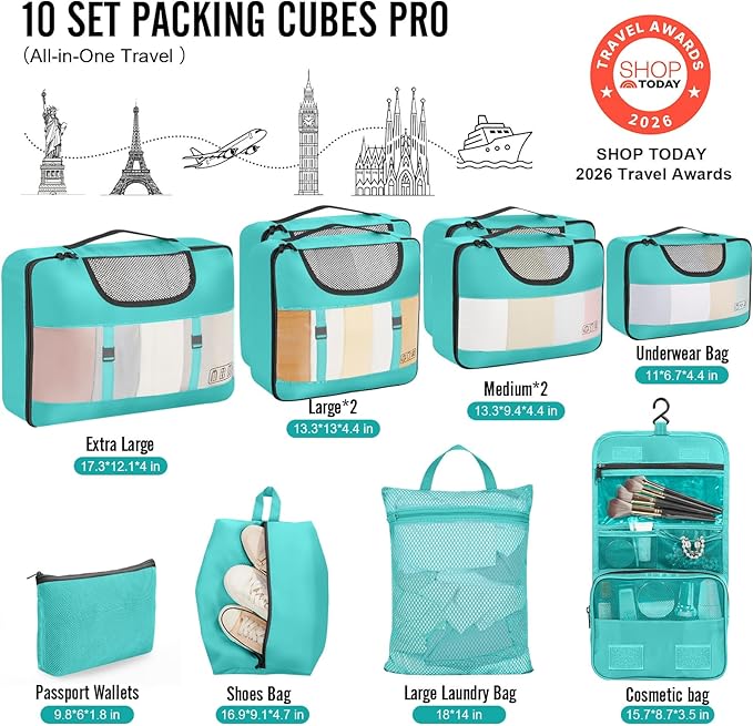 Veken 10 Set Packing Cubes for Travel Essentials, Suitcase Organizer Bags in 4 Sizes, Carry-On Luggage Accessories with Large Laundry Bag & Passport Holder, Must-Have for Airplane, Road Trip & Camping