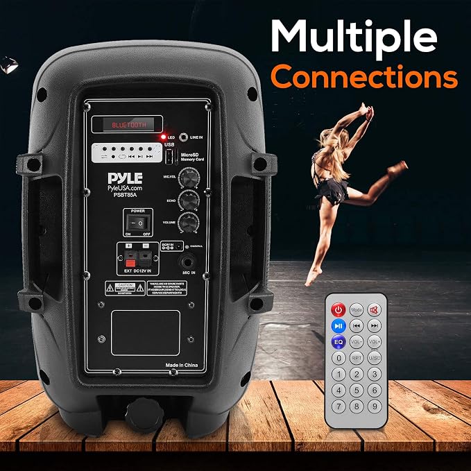 Pyle 800W Portable Bluetooth PA Speaker - 8’’ Subwoofer, LED Battery Indicator Lights w/ Built-in Rechargeable Battery, MP3/USB/SD Card Reader, and UHF Wireless Microphone - Pyle PSBT85A,Black