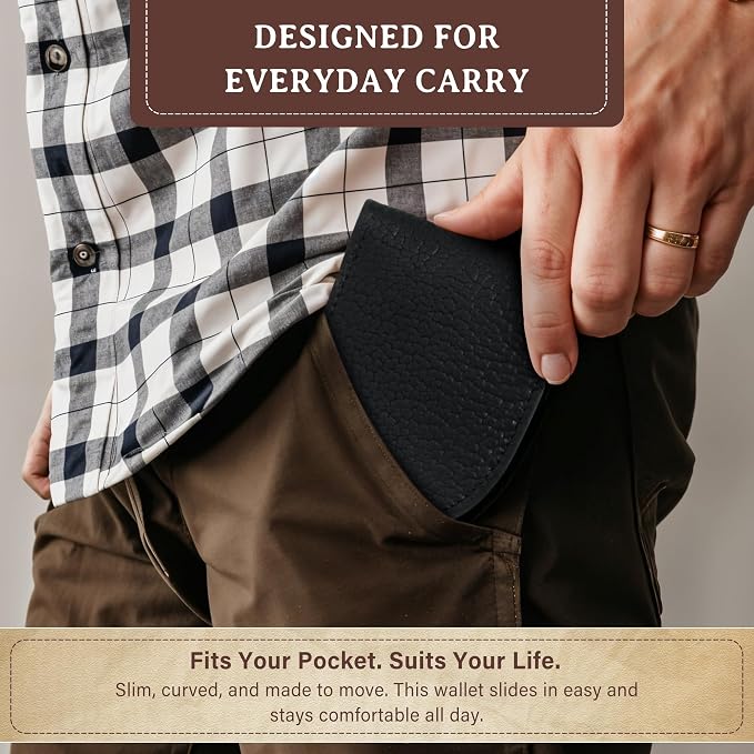 ROGUE WALLET Genuine Bison Leather Wallets for Men - RFID Blocking Curved Front Pocket Design w/ 3 Card Slots, Full Billfold Section & More - Ideal Gifts for Men (Black)