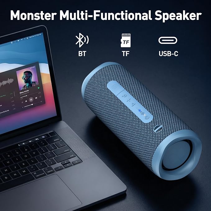 Monster S620 Bluetooth Speaker, Wireless Portable Outdoor Bluetooth Speakers, 60W True Wireless Stereo IPX8 Waterproof, Dual PairingBluetooth 5.4 Built-in Mic, Perfect for Home, Blue
