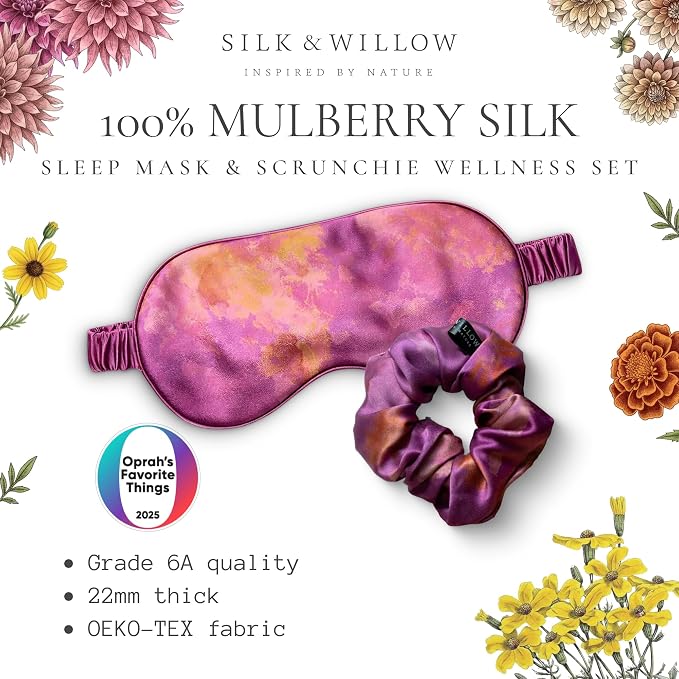 SILK & WILLOW - Botanical Print Pure Mulberry Silk Eye Mask & Scrunchie Gift Set, Luxurious Sleep Eye Mask & Hair Accessory Bundle, Durable Nature-Considerate Wellness Gifts for Women, Hot Peony