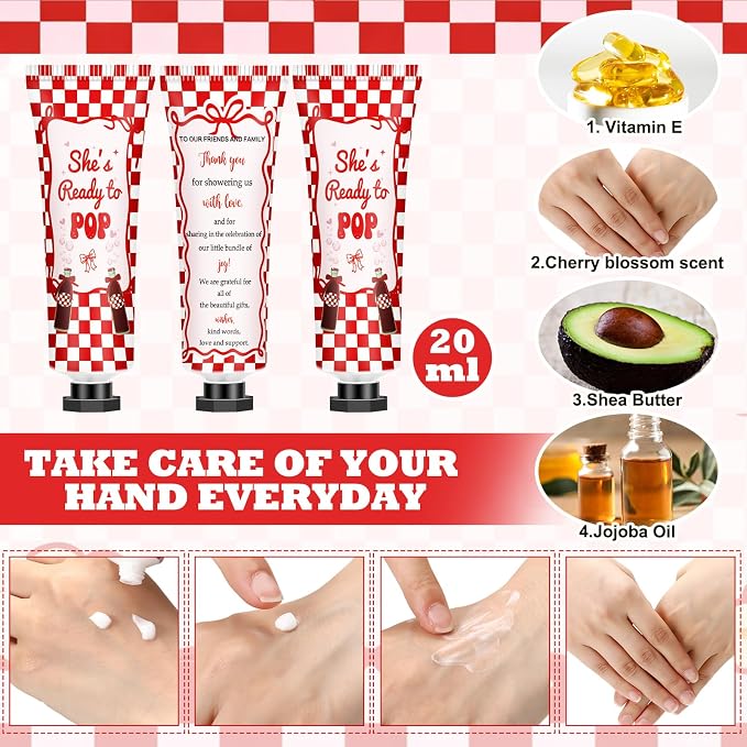 50 Sets 200 Pcs She's Ready to Pop Baby Shower Hand Lotion and Lip Balm Gift Theme Baby Shower Party Favors Travel Size Hand Lotion and Lip Balm Bulk with Organza Bags Tags