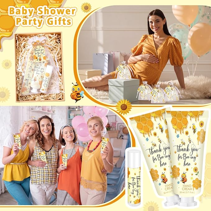 Leelosp 50 Sets Honey Hand Cream Baby Shower and Lip Balm Gift Bulk Bee Themed Travel Size Hand Lotion Lip Balm Nail File Gifts Set Baby Shower Birthday Party Supplies for Guests