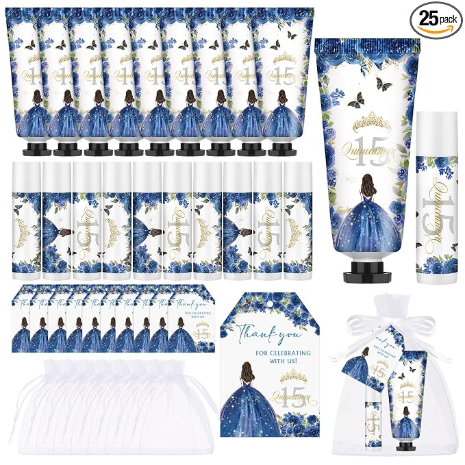 Leelosp 25 Set/100 Pcs Quinceanera Party Favor for Guest with Travel Size Hand Cream, Lip Balm, Card, Organza Bags Quinceanera Gift Set Sweet 15th Party Supply Birthday Souvenir(Blue)
