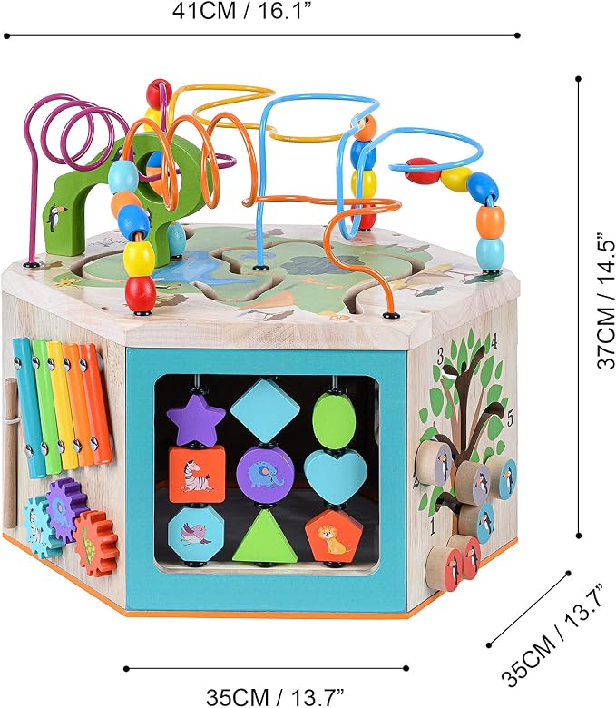 Teamson Kids Preschool Play Lab 7-in-1 Large Wooden Activity Cube Station Center Bead Maze and Counting for Kids Baby Toys, Natural | Large Station Center, Bead Maze, Counting for Kids Baby Toys, Natural