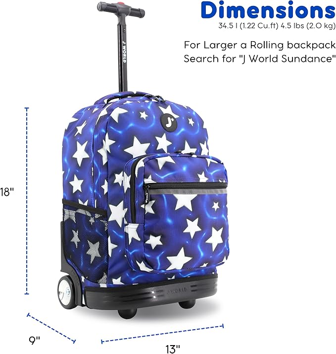 J World Sunrise Kids Rolling Backpack for Girls Boys. Roller Bookbag With Wheels For School, Puffy Star