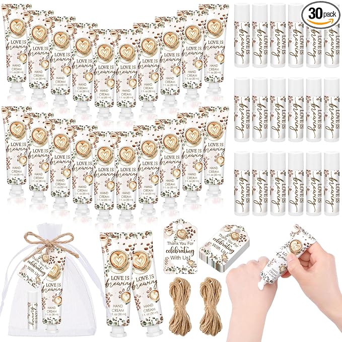 Loopeer 30 Sets Love Is Brewing Bridal Shower Hand Cream and Lip Balm Gift Bridal Shower Party Favors Thank You Gift for Guest Travel Size Wedding Party Supplies (Rose Scent)