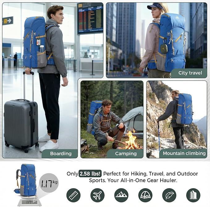Bseash 65L Waterproof Hiking Camping Backpack with Rain Cover, Outdoor Sport Travel Daypack for Climbing Touring (Blue)