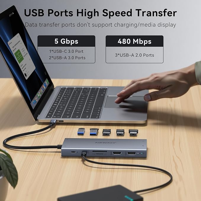 USB C Docking Station Dual Monitor, 15 in 1 Docking Station 3 Monitors with DP 8K, 2 HDMI 4K, 6 USB A/C Ports, 100W PD, Ethernet, Audio, SD/MicroSD, ABIWAZY USB C Hub for Dell/HP/Lenovo