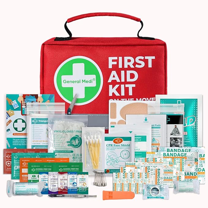 General Medi First Aid Kit - 150 Pieces Small Compact First Aid Kit Bag - Includes Instant Cold Pack, Emergency Blanket for Travel, Home, Office, Vehicle, Camping