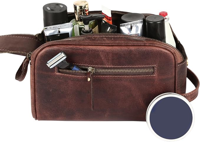 KomalC Travel Toiletry Bag – Premium Leather Dopp Kit for Men & Women with Water-Resistant Lining & Spacious Zippered Organizer