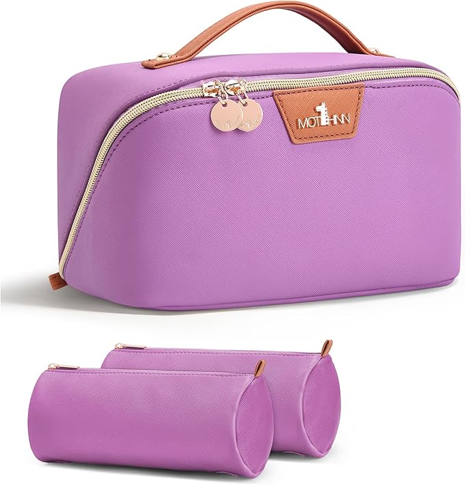 Travel Makeup Bag for Women: 3-in-1 Large Capacity Cosmetics Organizer with 2 Detachable Pouch - Vegan Leather Flat Open Toiletry Bag - Travel Essentials for Full-Sized Bottles(01-Purple)