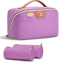 Travel Makeup Bag for Women: 3-in-1 Large Capacity Cosmetics Organizer with 2 Detachable Pouch - Vegan Leather Flat Open Toiletry Bag - Travel Essentials for Full-Sized Bottles(01-Purple)