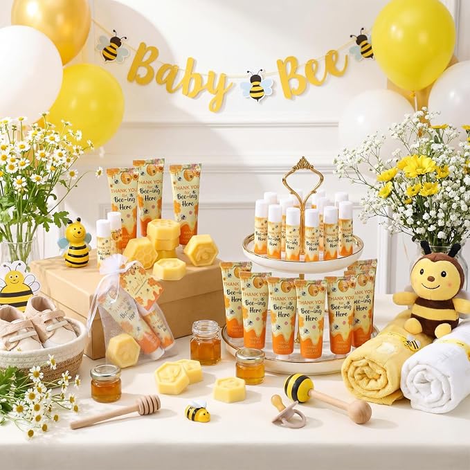 Loopeer 30 Set/150 Pcs Bee Theme Baby Shower Favors for Guests Gifts Hand Cream Lip Balm Soap Party Favors Travel Size with Bags, Thanks You Card for Games Prizes Souvenirs