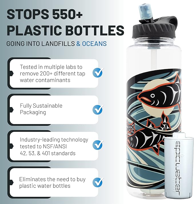 Epic Water Filters Nalgene OG Water Bottle with Filter, USA Made, BPA Free, Removes 99.99% Tap Water Contaminants, Forever Chemicals, LeClair Art, 48 oz