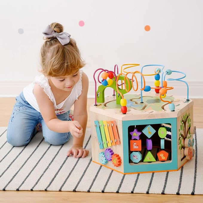 Teamson Kids Preschool Play Lab 7-in-1 Large Wooden Activity Cube Station Center Bead Maze and Counting for Kids Baby Toys, Natural | Large Station Center, Bead Maze, Counting for Kids Baby Toys, Natural