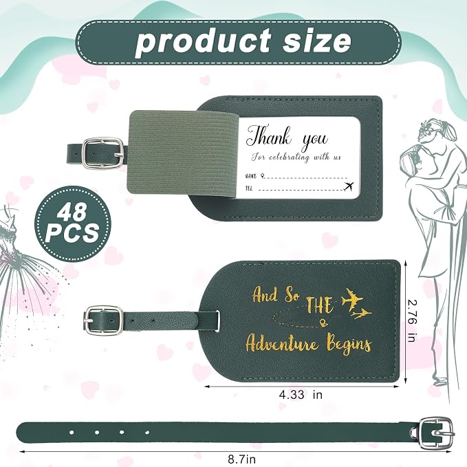 Sweetude 48 Sets Bulk Luggage Tags Wedding Favors and So The Adventure Begins Leather Luggage Tags for Suitcases with Name Card for Travel Themed Bridal Shower Graduation Party Favor(Dark Green)
