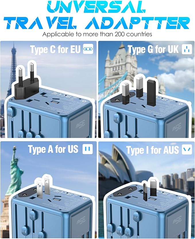 Universal Travel Adapter, 35W PD Fast Charging & 2 USB C 3 USB A & 2500W AC Outlet, International Power Adapter for Europe UK US AU 200+ Countries, Compatible with iPhone 16 15, MacBook, Laptop