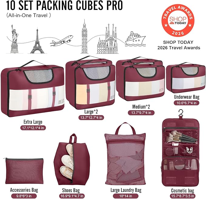 Veken 10 Set Packing Cubes for Travel Essentials, Suitcase Organizer Bags in 4 Sizes, Carry-On Luggage Accessories with Large Laundry Bag & Passport Holder, Must-Have for Airplane, Road Trip & Camping