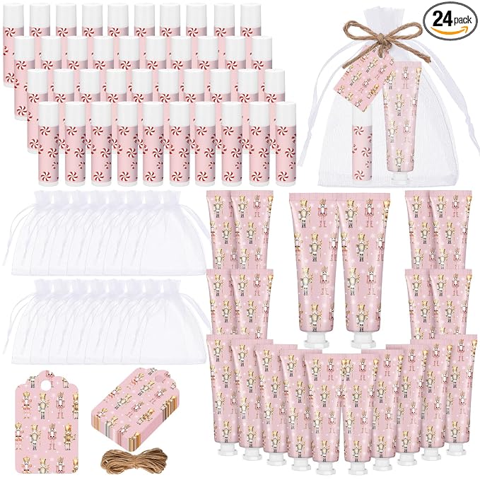 24 Sets Christmas Pink Nutcracker Hand Cream and Candy Lip Balm Gift Christmas Party Favors Travel Size Hand Lotion and Lip Balm Bulk Wedding Bridal Baby Shower Party Supplies for Guest