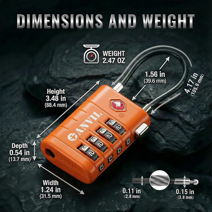 ANVIL TSA Approved Luggage Locks with Search Alert Indicator, 4-Digit Combination Suitcase Lock, Advanced TSA008 Core Heavy Duty Anti-Theft Travel Lock for Double Zippers, Backpacks