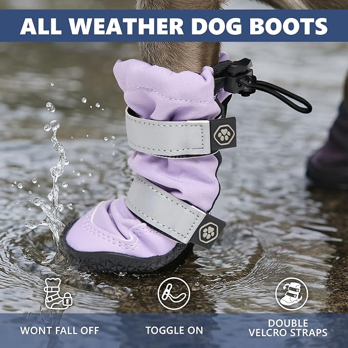 Spark Paws Dog Rainboots, Waterproof Dog Shoes for Medium to Large Dogs, Non Slip, Dog Booties and Paw Protectors - 4PCS Doggie Hiking Boots with Reflective Straps - Lilac, Size 1