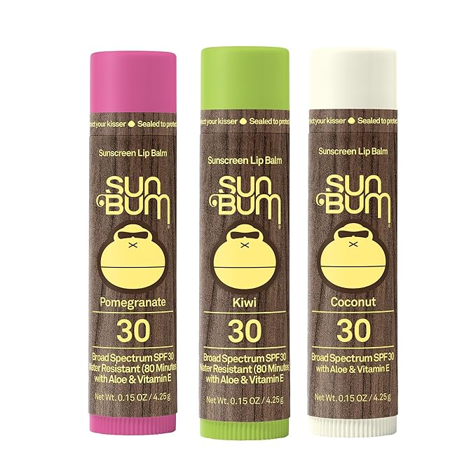 NEW Sun Bum SPF 30 Sunscreen Tropical Lip Balm 3 Pack - Pomegranate, Kiwi, Coconut - Moisturizing Aloe Vera and Vitamin E - Vegan and Cruelty Free - UVA/UVB Lip Protection - 0.15 oz, 3 count