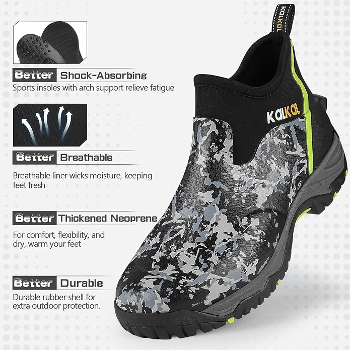 Kalkal Men's Rubber Boots, Waterproof Ankle Rain Boots, Insulated Working Booties with Comfortable Sports Sole, Outdoor Mud Boots for Yard Chore