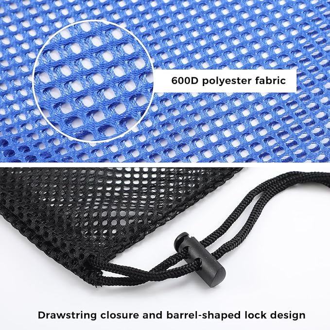 4Pcs Mesh Gear Bag for Snorkel, 19" x 27" Large Mesh Swim Bag, Polyester Dive Bag, Drawstring Snorkel Backpack for Snorkeling Trip, Wetsuits, Swimming Gear, Beach and Sports Equipment (Black & Blue)