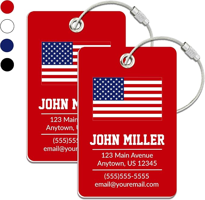 Personalized Luggage Tag with American Flag | 2 Pack | Custom Luggage Tags for Suitcases | Kids Backpack Tag | 4 Color Options & Choose Font, Font Color