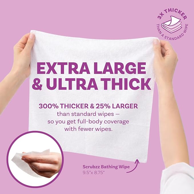 Extra Large Bath Wipes for Adults Bathing No Rinse - 40 Ultra Thick Disposable Body Cleansing Wipes for Men, Women & Elderly - Great for Gym, Camping, Post Surgery - Lavender