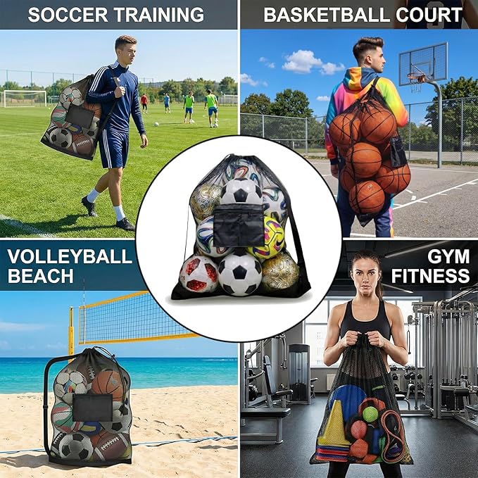 Extra Large Mesh Ball Bag with Pocket, Holds 13 Soccer Balls, 10 Basketballs, Heavy Duty Drawstring Net Bag, Team Coaches Sports Equipment Storage Duffle Sack for Volleyball, Swimming Gear