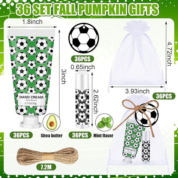 144 Pcs Lip Balm Hand Cream Set Party Favors, Include 36 Lip Balm 36 Moisturizing Hand Cream 36 Bags 36 Cards and Ropes for Accessories Gifts(Black and Green,Soccer)