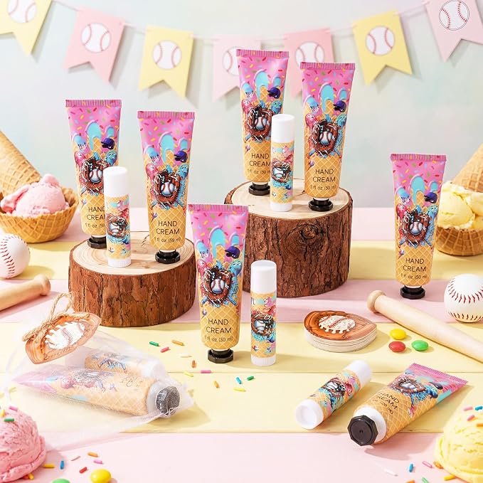 Lounsweer 24 Sets Ice Cream Drip Baseball Hand Cream and Lip Balm Gift Baseball Party Favors Goodie Bag Stuffers Team Gifts Birthday Party Favors for Teen Adults