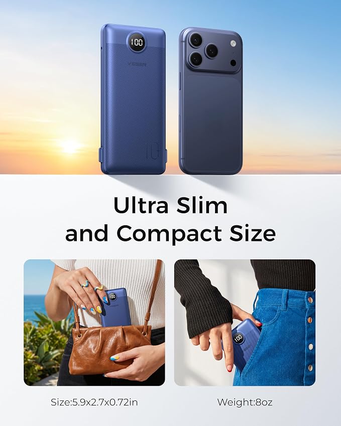 VEGER Portable Charger with Built-in AC Plug and Cables, All in One 10000mAh Ultra Slim Power Bank Emergency Fast Charging for Travel Battery Pack Compatible with iPhone, Samsung, Android, Navy