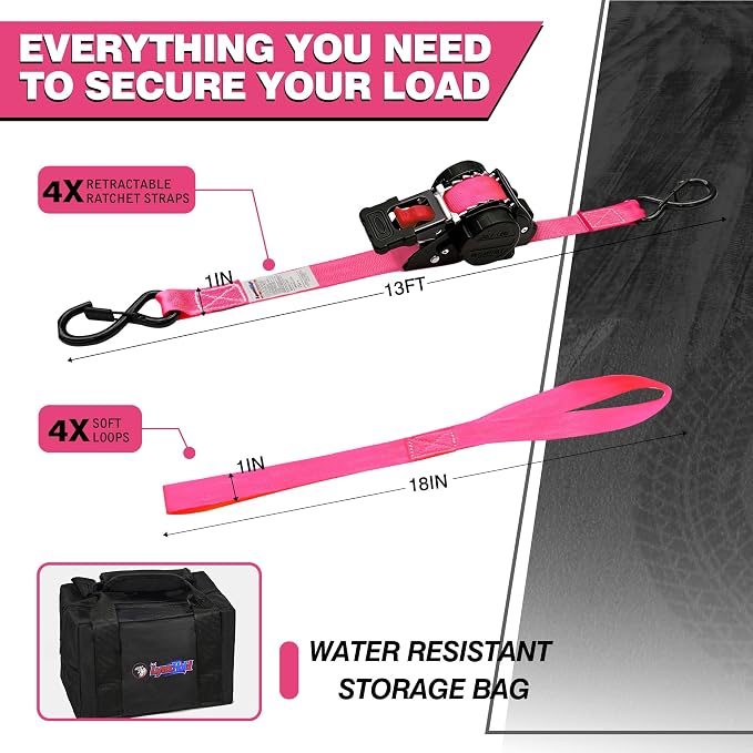 Retractable Ratchet Straps 1" x 13Ft, Heavy Duty Self Retracting Tie Down Straps, 1800lb Break Strength Auto Retract Cargo Straps for Truck, Trailer, Motorcycle, ATV, UTV, (Pink, 4 Pack)
