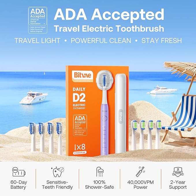 Bitvae Ultrasonic Electric Toothbrush for Adults and Kids, ADA Accepted Travel Toothbrush with Rechargeable 60-Day Battery Life, 5 Modes, 8 Heads, Case, Holder, Purple