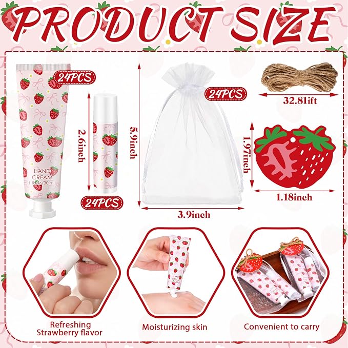 Lounsweer 24 Sets Pink Bow Strawberry Birthday Hand Cream and Lip Balm Gift Strawberry Bows Baby Shower Party Favor for Guest Travel Size Hand Lotion and Lip Balm Bridal Shower Birthday Party Supplies