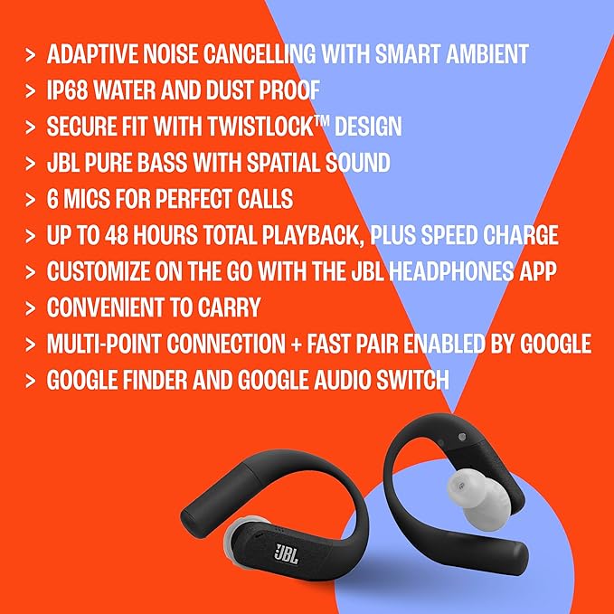 JBL Endurance Peak 4 - True Wireless Noise Cancelling Sport Earbuds, Up to 48Hrs Total Playback, Water & dust Proof (IP68), Secure fit with TwistLock™ Design, & 6 mics for Perfect Calls (Blue)