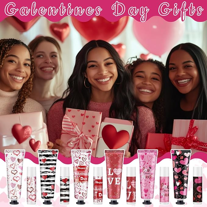 Loopeer 6 Sets Valentine's Day Hand Cream Lip Balm Bulk Gifts Galentine's Day Gift Valentine Party Favor Love Heart Mini Travel Size Moisturizing Hand Lotion for Women Coworker Teacher Nurse, 30 ml