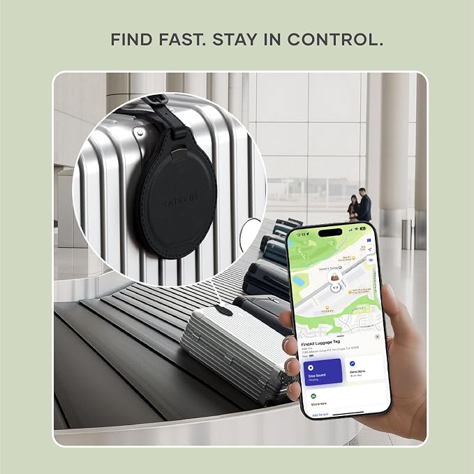 Satechi FindAll Smart Luggage Tag with Find My, TSA-Friendly, Airport Tracking, Left-Behind Alerts, Loud Audible Chime, Wireless Rechargeable, Works with iPhone, iPad, Mac – Black