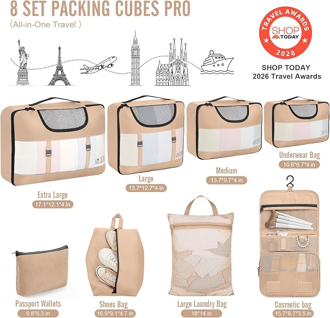 Veken 8 Set Packing Cubes for Travel Essentials, Suitcase Organizer Bags in 4 Sizes, Carry-On Luggage Accessories with Large Laundry Bag & Passport Holder, Must-Have for Airplane, Road Trip & Camping
