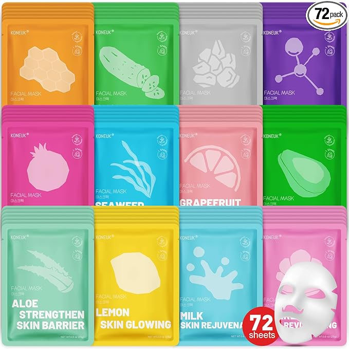 KONEUK 72 Pack Collagen Face Masks Skincare Set for Women, Hydrating & Moisturizing Face Mask for Skin Care, Bulk Sheet Face Masks for All Skin Types, Spa Party Gifts for Women